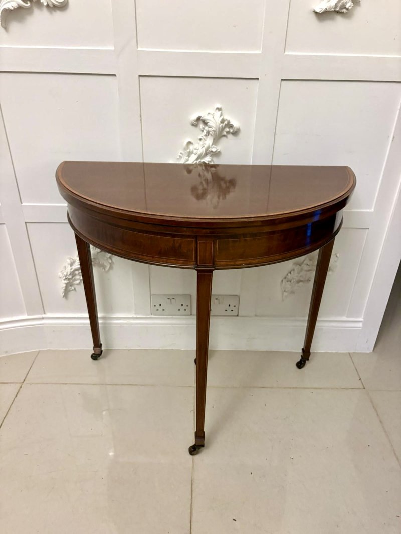 Elegant Late Victorian Antique Mahogany and Satinwood Inlaid  Demi-Lune Card/Console Table